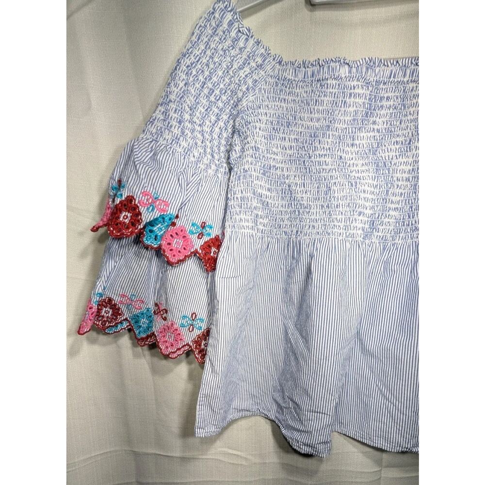 Loft Women's Off The Shoulder Blouse Sz S Embroidered Flare Sleeves Boho Smocked - Picture 4 of 8
